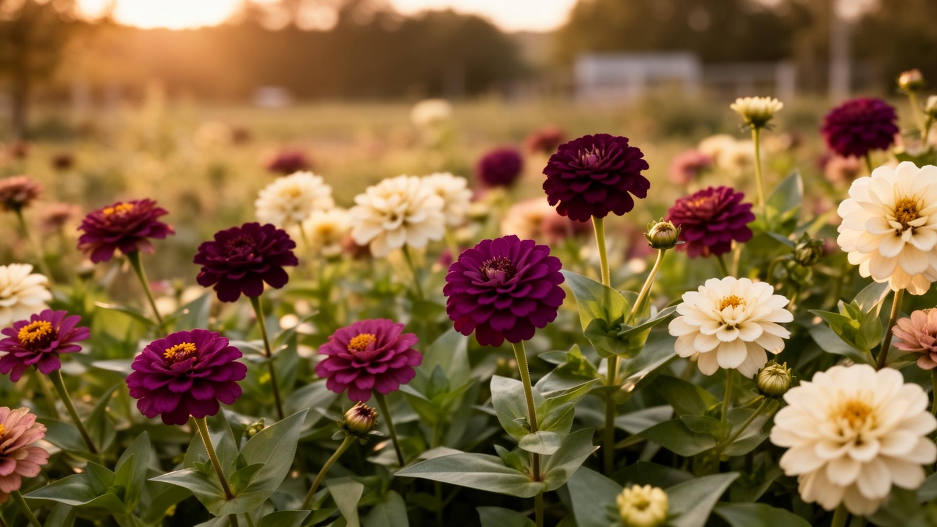 A field of zinnias and dahlias in golden-hour light